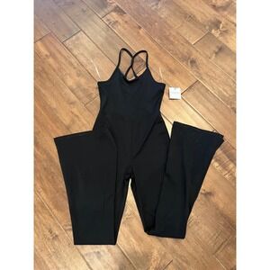 Arizona Jumpsuit Cross Back Sleeveless Athleisure Flare Leg Black Size S